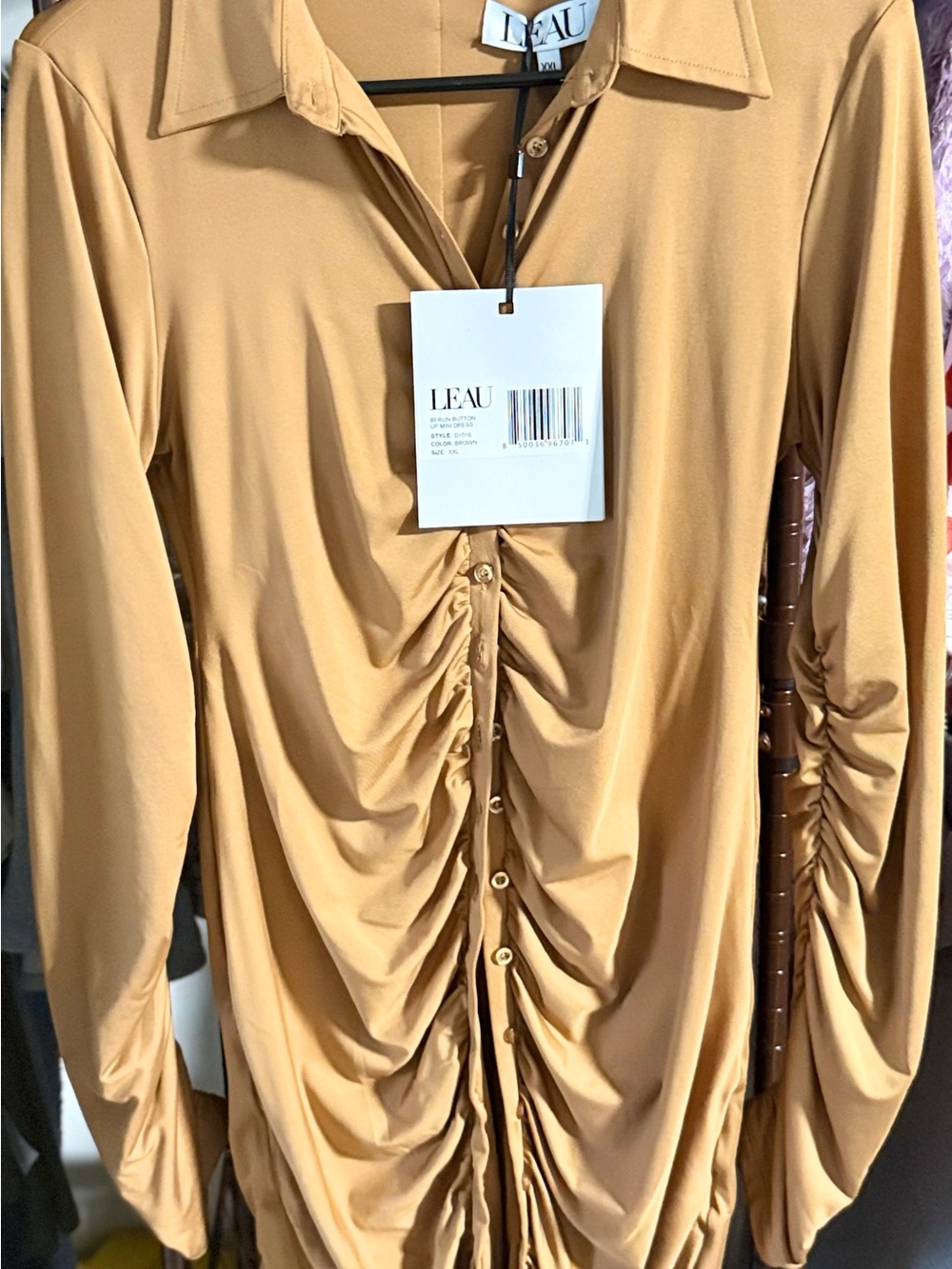 Leau Long Sleeve Ruched Button-Front Dark Tan Dress - Picture 3 of 4